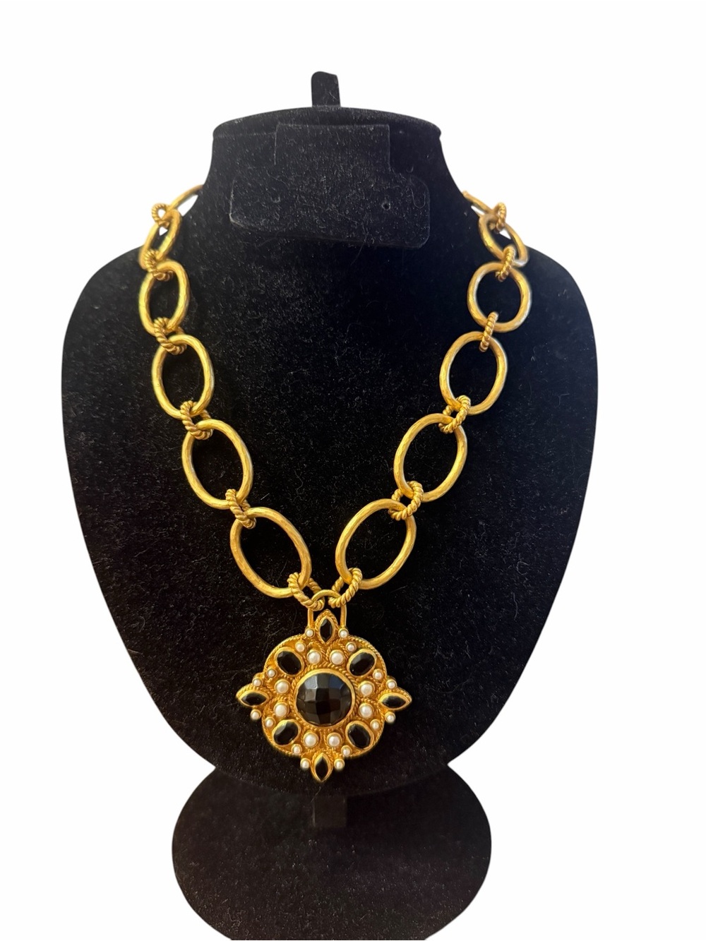 Julie Vos Tudor Statement Necklace Gold Black Obsidian Pearl